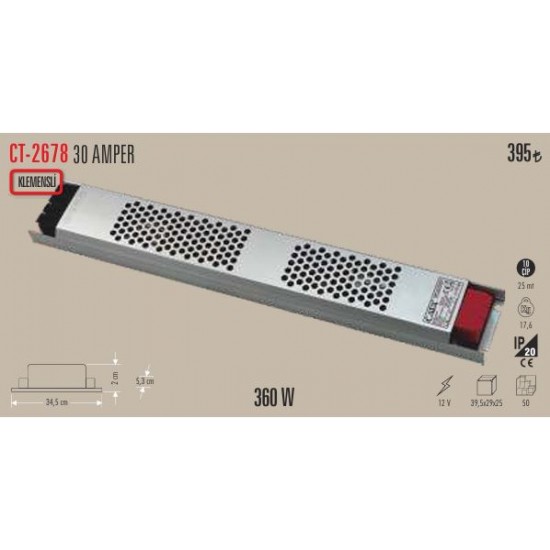 LED TRAFOSU 12 V 30A (360 W) SÜPER SLİM FANSIZ ŞERİT LED TRAFOSU CATA